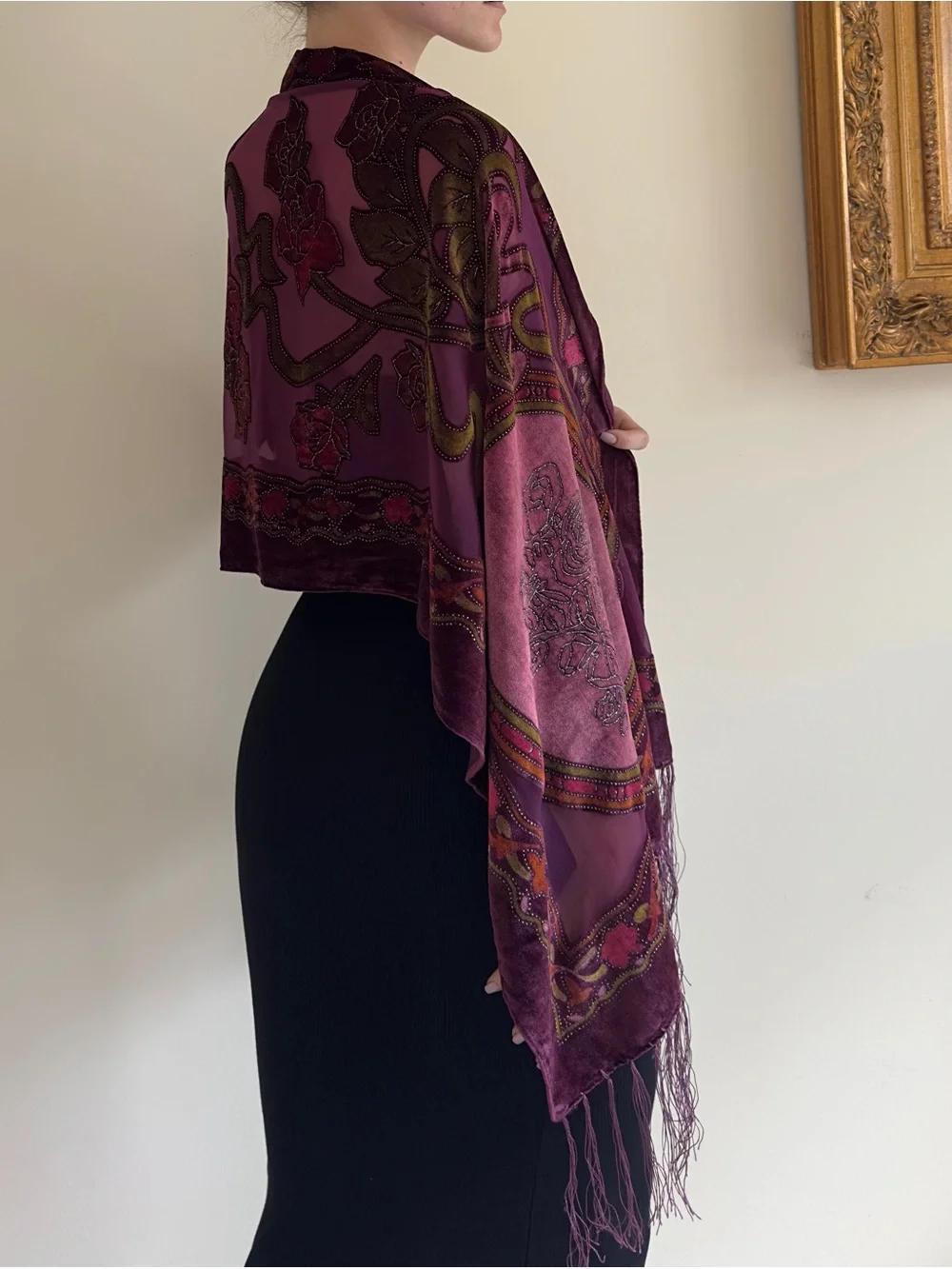 Plum Velvet burnout Embroidered Fringe Shawl - Unbranded